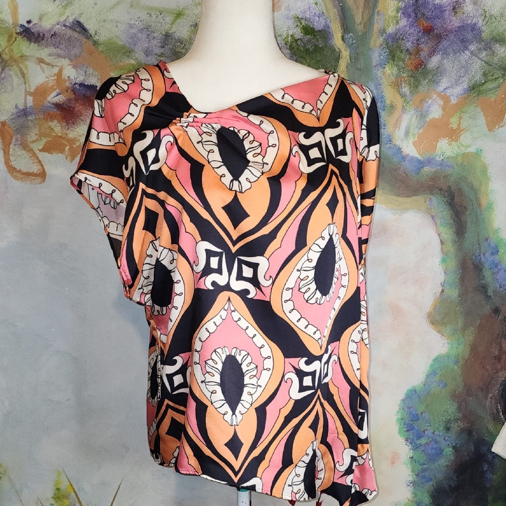 Zara Black Orange and Pink Asymmetrical Graphic Resortwear Blouse